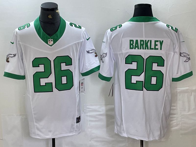 Men Philadelphia Eagles 26 Barkley White Throwback three generations 2024 Nike Limited NFL Jersey style 1